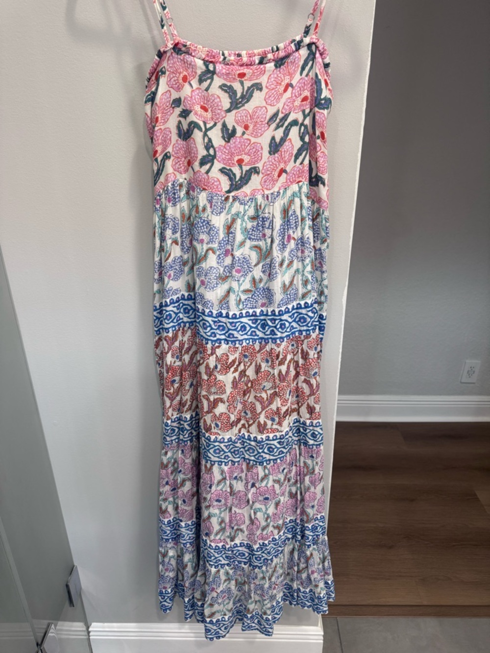 Oliphant Pink and Blue Floral Tiered Maxi Dress